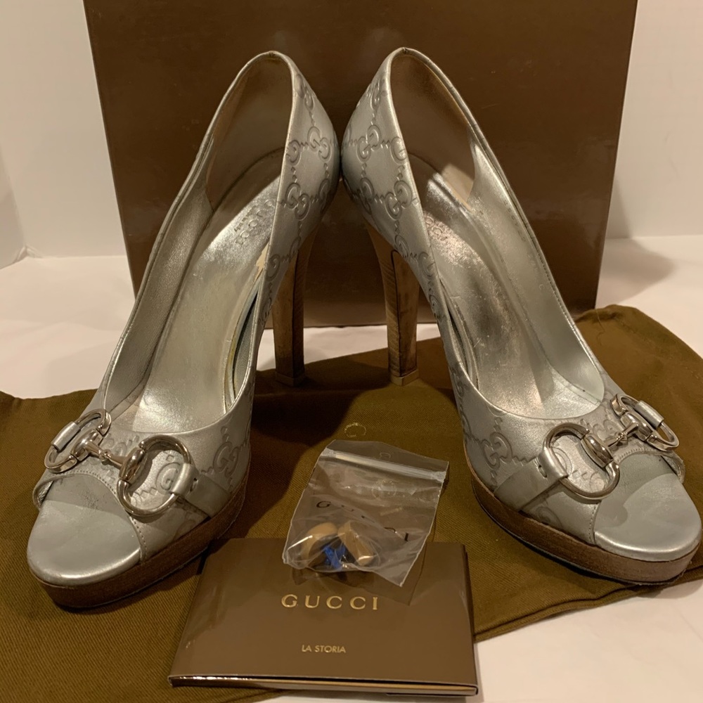 Gucci Guccisimma Metallic Silver Horsebit Heels